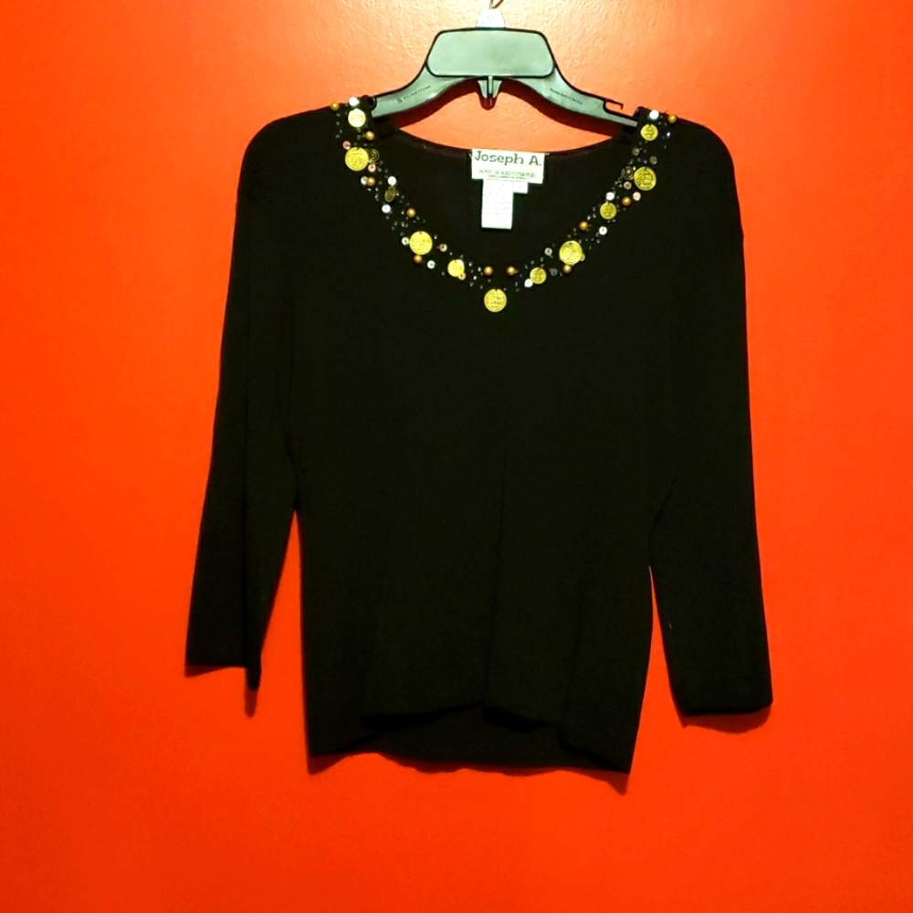 Joseph A. Lady's Black Summer Sweater with Embellishments on V-Neck